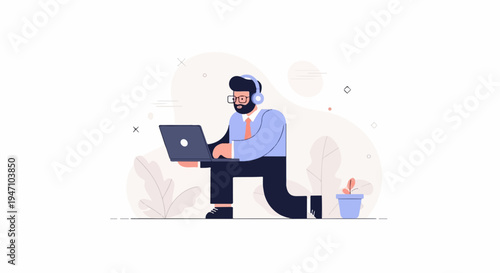 Person with headphones and laptop, kneeling, next to a potted plant