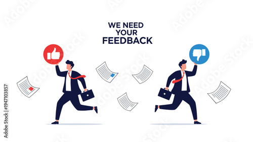 Two professional businessmen running in opposite directions while holding large thumbs up and thumbs down icons for a feedback concept.