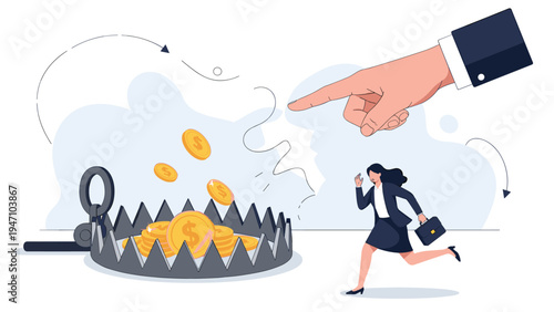 Conceptual illustration of a businesswoman running away from a bear trap filled with gold coins being pointed at by a giant hand.