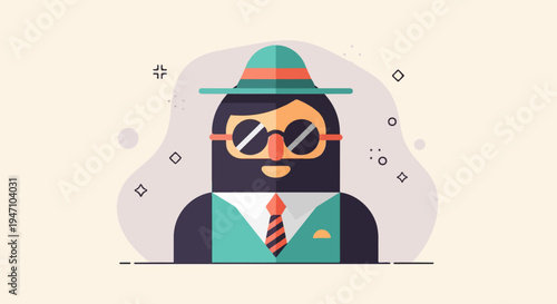 Stylized flat illustration of a bearded man in a hat and sunglasses