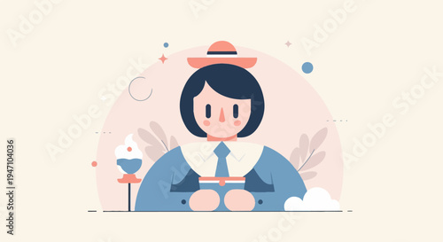 Stylized flat illustration of a person wearing a hat and holding a book