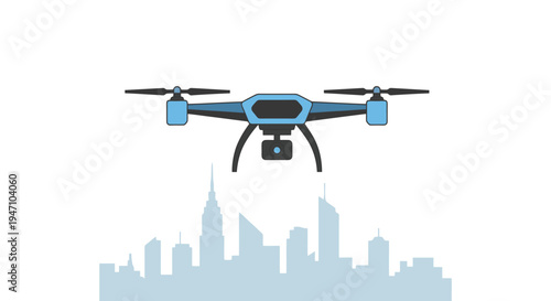 A drone flies over a cityscape with skyscrapers and buildings in daytime aerial view