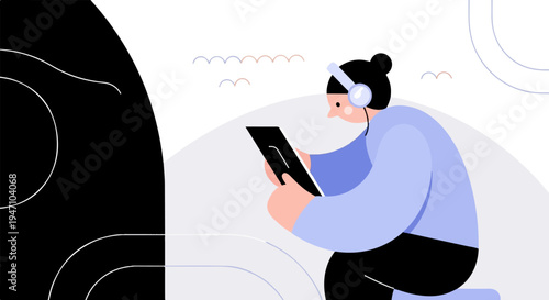 Minimalist illustration of a person wearing headphones and using a tablet