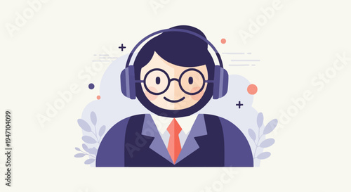 Stylized illustration of a person with headphones and glasses, smiling