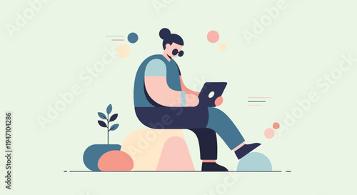 Person in sunglasses working on a laptop, surrounded by abstract shapes