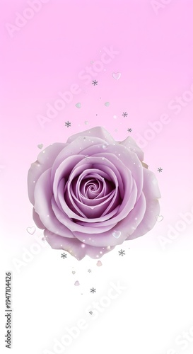 Delicate Lavender Rose With Silver Snowflakes And Tiny Hearts On A Soft Pink White Gradient Feminine Background