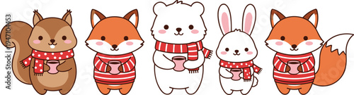 Cute winter woodland animal vector set featuring squirrel fox polar bear and rabbit wearing red sweaters and scarves holding hot cocoa for cozy holiday greeting card design projects.