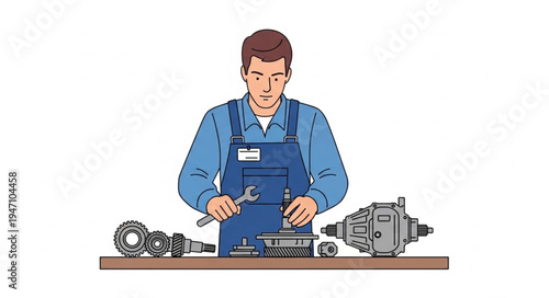 Mechanic Working on Engine Parts.