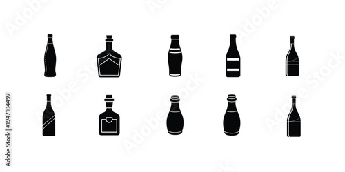 Assorted beverage bottle silhouette icon featuring wine champagne glass flask, alcoholic spirit liquor container, pub bar drink packaging more vector illustration or editable stroke.