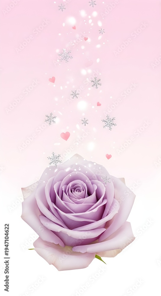 Fototapeta premium Delicate Lavender Rose With Silver Snowflakes And Tiny Hearts On A Soft Pink White Gradient Feminine Background