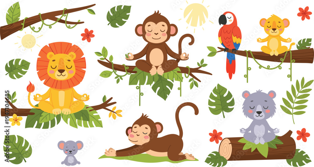 Obraz premium Jungle Animals Meditating – Lions, Monkeys, Koalas, and Parrots Practicing Mindfulness in the Trees