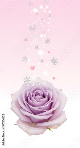 Delicate Lavender Rose With Silver Snowflakes And Tiny Hearts On A Soft Pink White Gradient Feminine Background