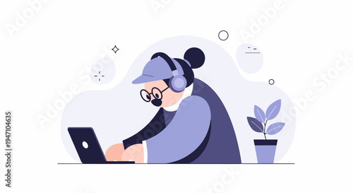 Person with headphones and glasses using a laptop with plant nearby