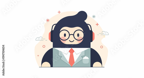 Anthropomorphic monkey with glasses and headphones, wearing a suit