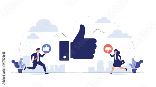 Large blue thumbs up icon surrounded by business people carrying smaller positive and negative feedback symbols in a city setting.