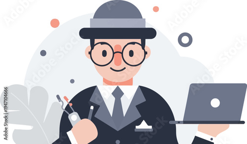 Cheerful person in a hat with glasses holds tools and laptop