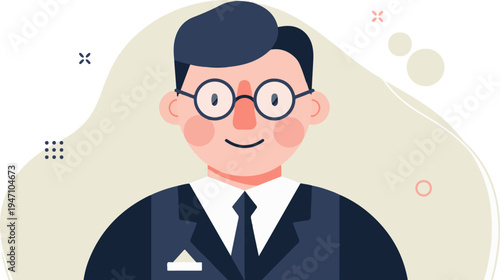 Stylized businessman with glasses and suit, surrounded by abstract shapes