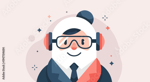 Stylized cartoon man wearing headphones and glasses, business attire