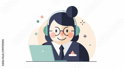 Cheerful person with headphones and laptop, isolated on white