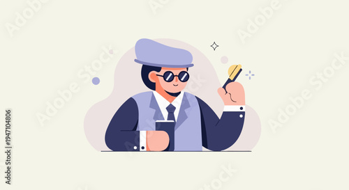 Stylish man in suit, hat and glasses holds microphone and cup