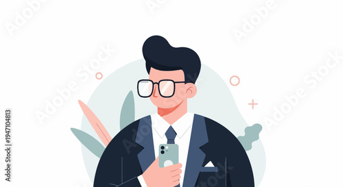Stylish man in suit holding phone with abstract background
