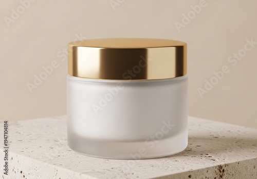 Blank frosted glass cosmetic cream jar with gold lid on natural stone podium, luxury skincare packaging mockup.