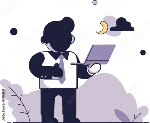 Stylized person in business attire with laptop under moonlit sky