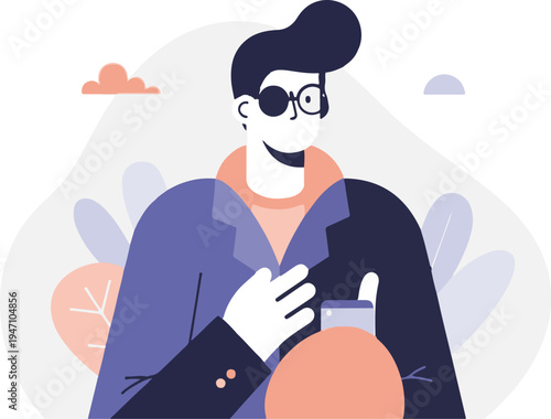 Stylized person in blazer holding device, surrounded by abstract shapes and foliage