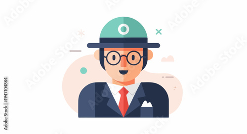 Flat cartoon of a man in a hat, glasses, suit, and tie