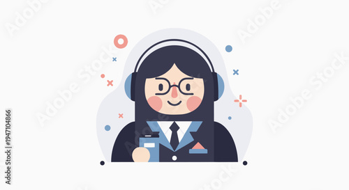 Stylized person in suit and headphones, holding a phone