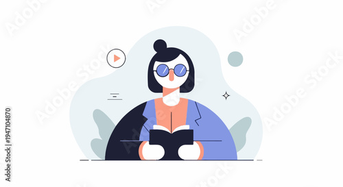 Modern illustration of a person with glasses reading a book, surrounded by abstract shapes