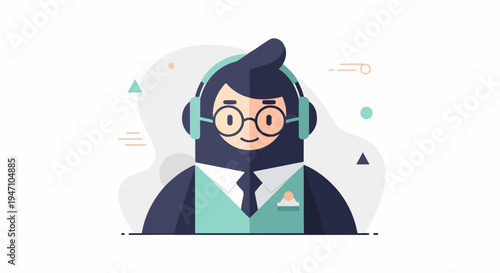 Flat design illustration of a smiling person in headphones and glasses