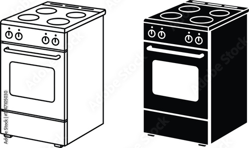 Kitchen stove oven appliance icon set with line and solid style cooker range cooking equipment vector illustration isolated