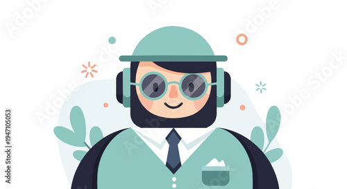 Flat illustrated person with headphones and glasses, wearing a suit