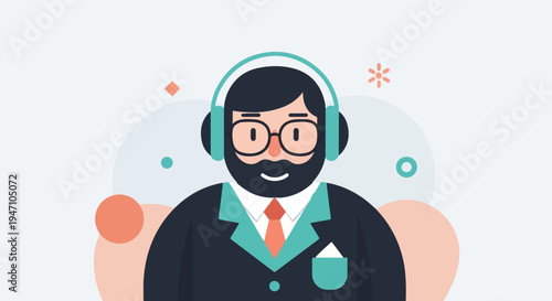 Flat illustrated person with headphones, beard, glasses, and suit