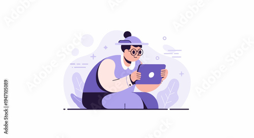 Character in purple sitting and using a tablet device