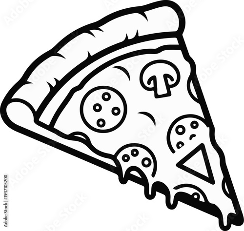 A single slice of pizza, outlined in black and white, with toppings