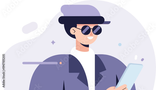 Trendy person in a cap and sunglasses holds a tablet