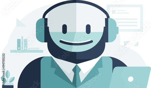 Flat illustration of a customer service representative with headphones and laptop
