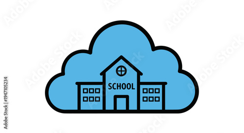 A blue cloud shaped icon of a school building with windows and a door under a cloudy sky.