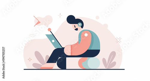 Person with headphones working on a laptop, with abstract shapes