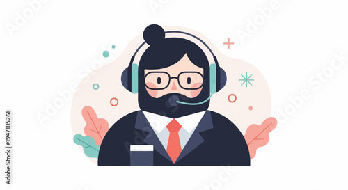 Cheerful person in a suit with headset, representing customer service or support