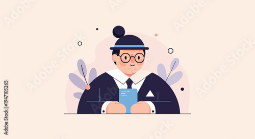 Cheerful person in formal attire using a handheld device with floral decor