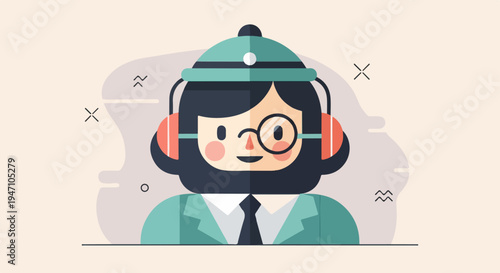Friendly animated figure wearing a hat, headphones, and spectacles