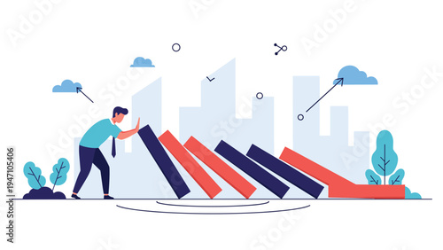 Determined businessman putting effort into stopping a series of falling dominoes to prevent a chain reaction of crisis in the city.