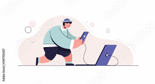 Minimalist illustration of a person connecting a tablet to a laptop with a cable