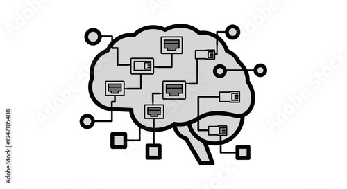 A futuristic illustration of a brain with circuits and wires connected to various blocks, representing technology and innovation in a conceptual design.