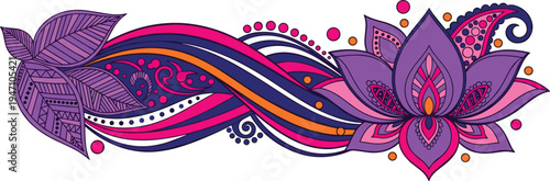Decorative lotus floral ornament vector illustration, colorful ornamental flower with flowing abstract lines and paisley style design isolated