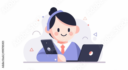 Friendly customer service representative wearing a headset, holding a phone and working on a laptop