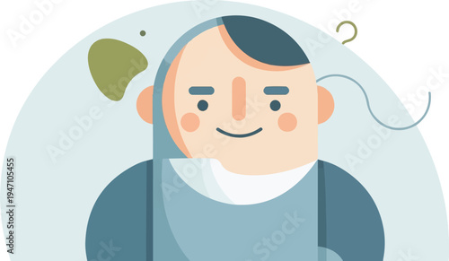 Minimalist cartoon portrait of a person with a friendly expression, pale skin and blue clothing